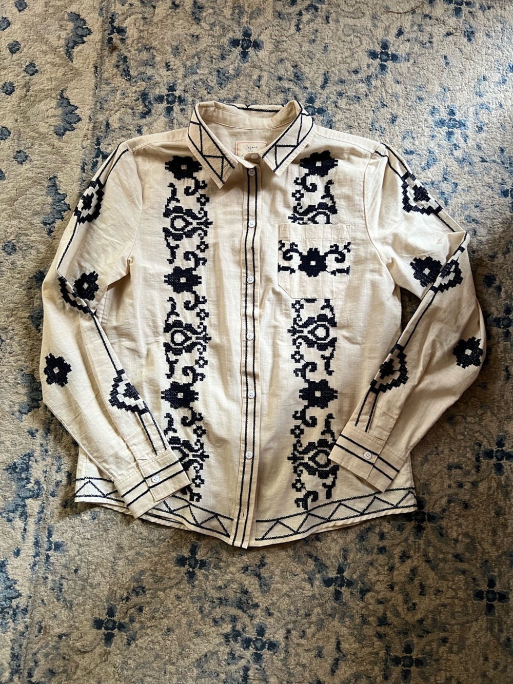 Sezane Embroidered Beige and navy  Button-Up Shirt